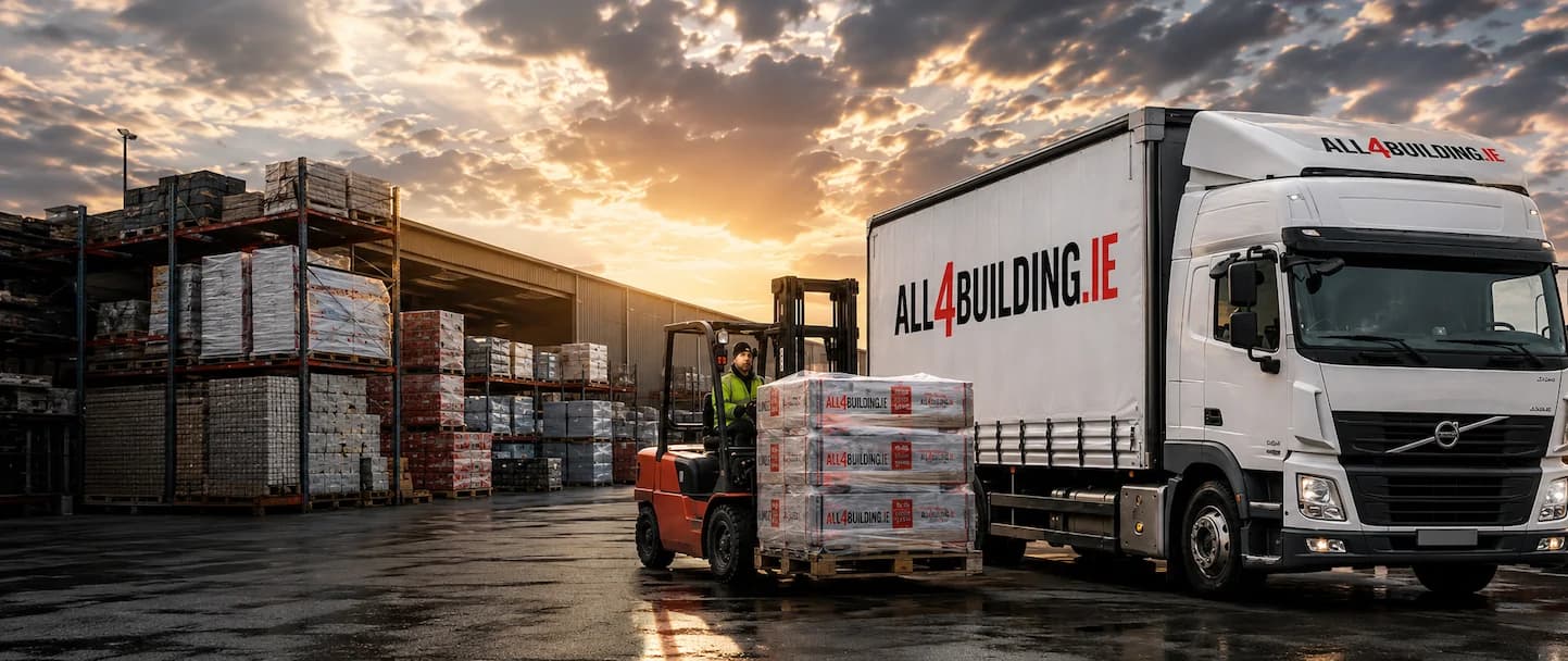 All4Building.ie delivery truck being loaded with insulation pallets at our Ballincollig warehouse